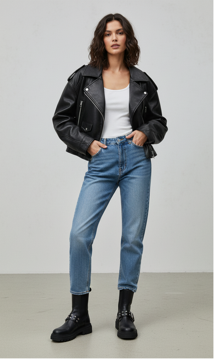 Luxuriöse Vintage-Lederjacke – Kurzer Moto-Stil mit Gürtel