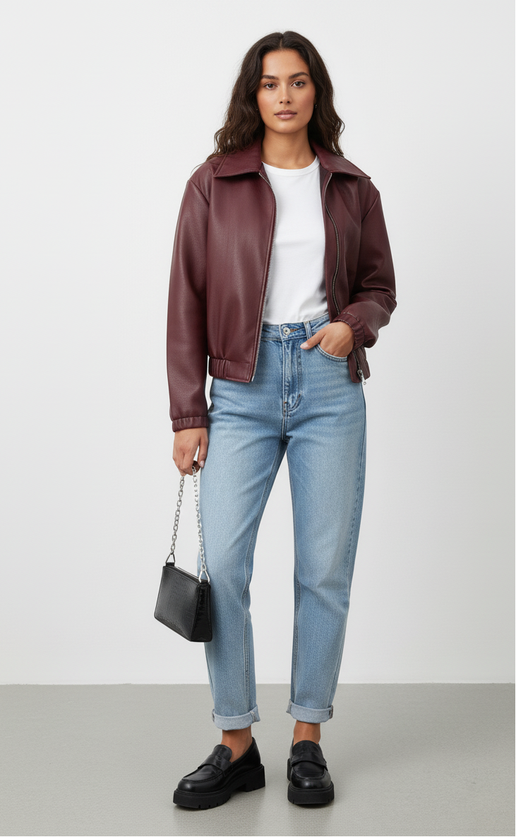 The Burgundy Muse – Hochwertige Lederjacke im Loose-Fit mit Revers und Reißverschluss