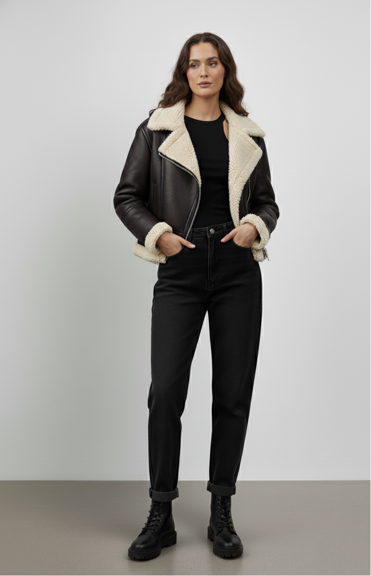 Kurze Jacke mit integriertem Pelz und Revers 