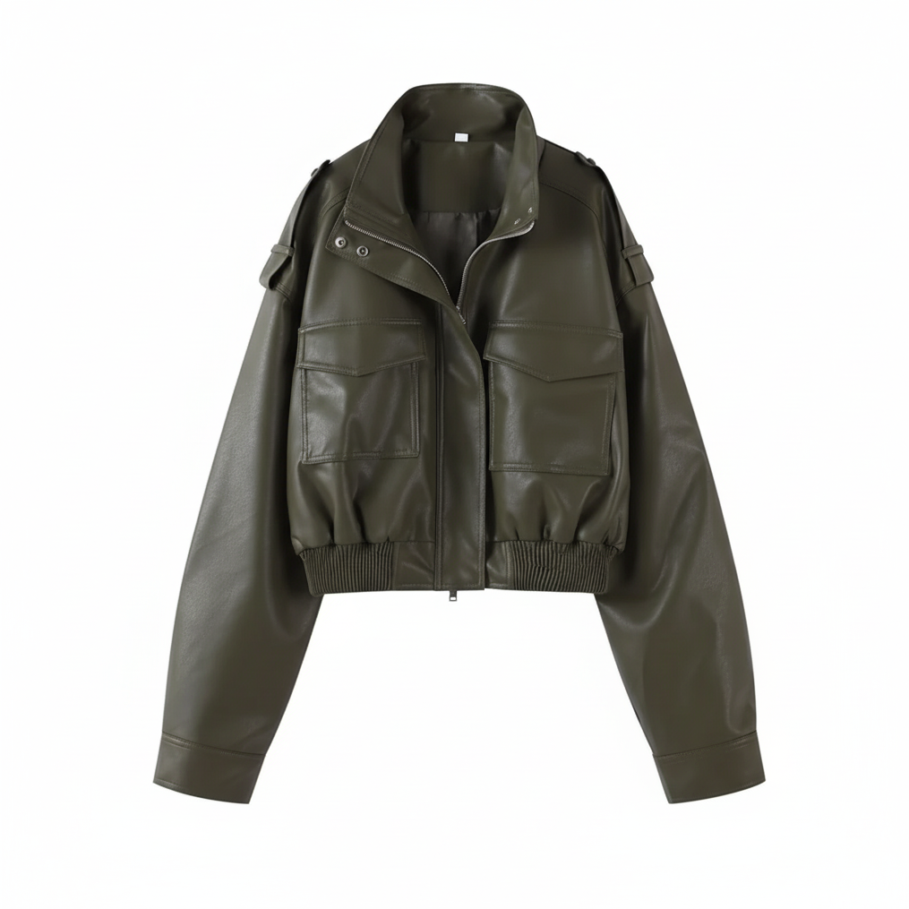 Vintage Luxe Lederjacke – Kurzer Mantel mit Revers und Reißverschluss