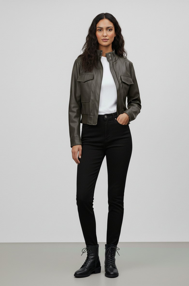 Vintage Luxe Lederjacke – Kurzer Mantel mit Revers und Reißverschluss