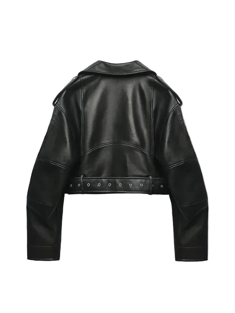 Luxuriöse Vintage-Lederjacke – Kurzer Moto-Stil mit Gürtel