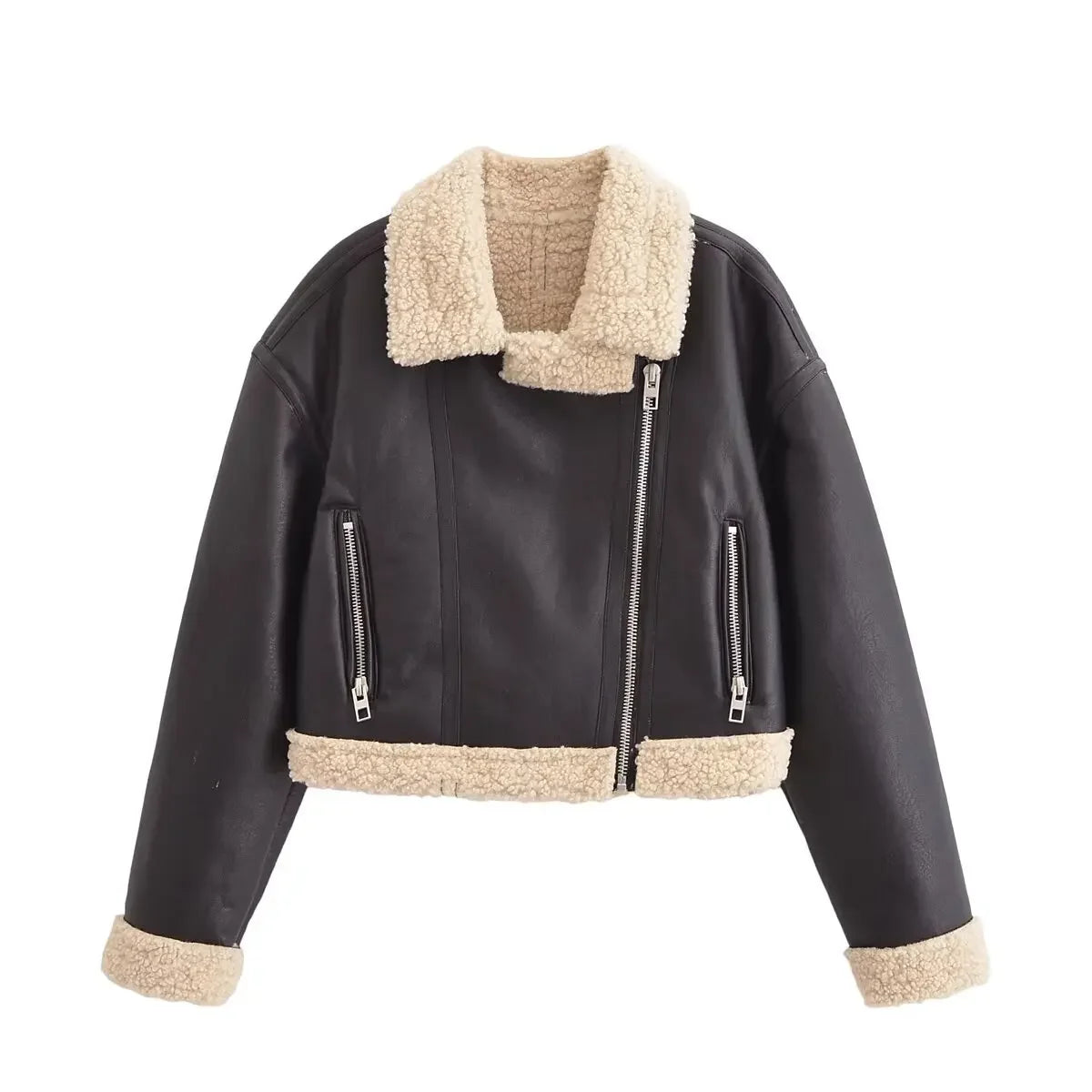 Kurze Jacke mit integriertem Pelz und Revers 