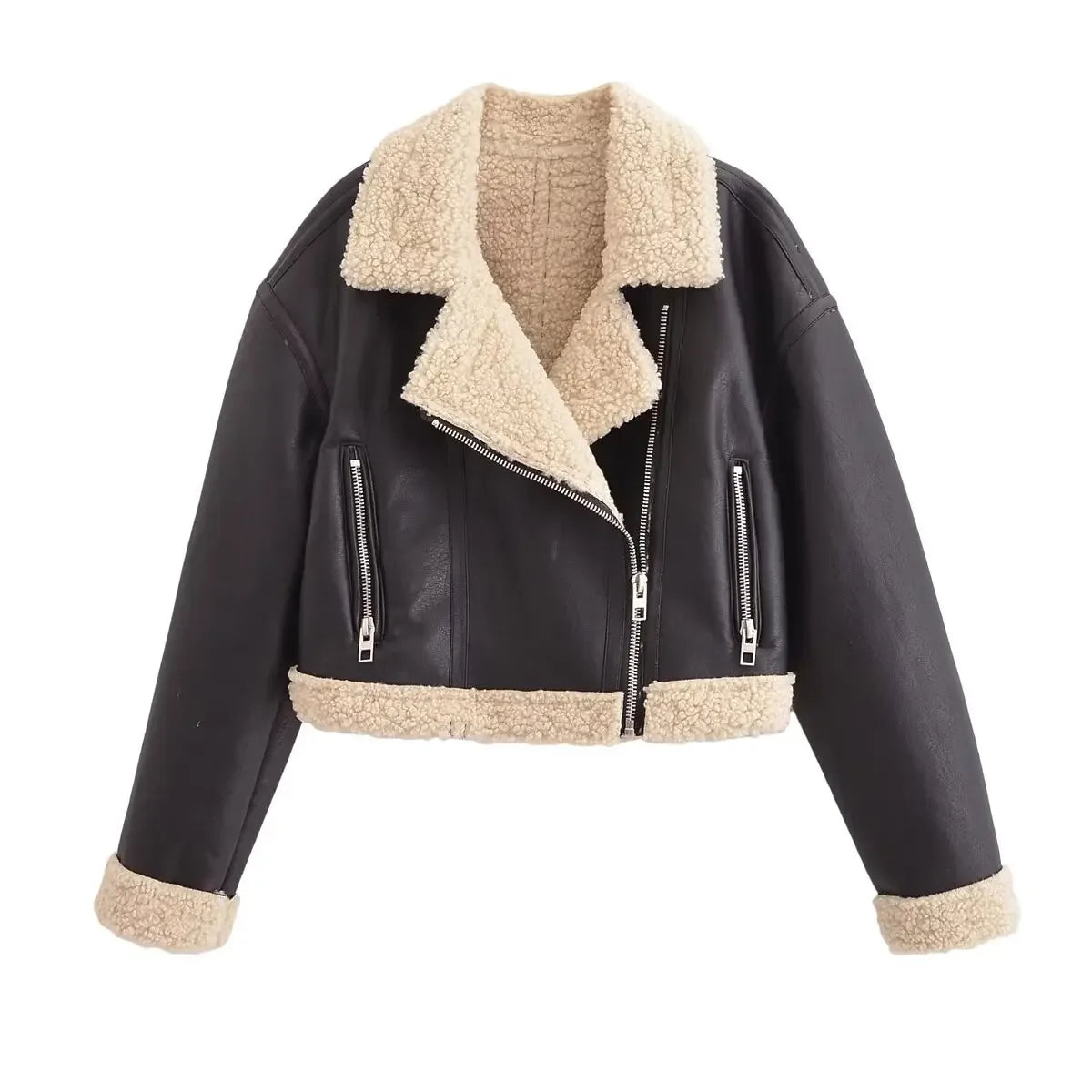 Kurze Jacke mit integriertem Pelz und Revers 