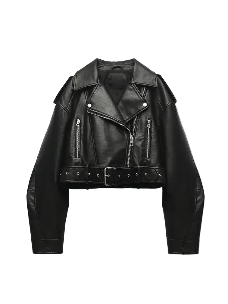 Luxuriöse Vintage-Lederjacke – Kurzer Moto-Stil mit Gürtel