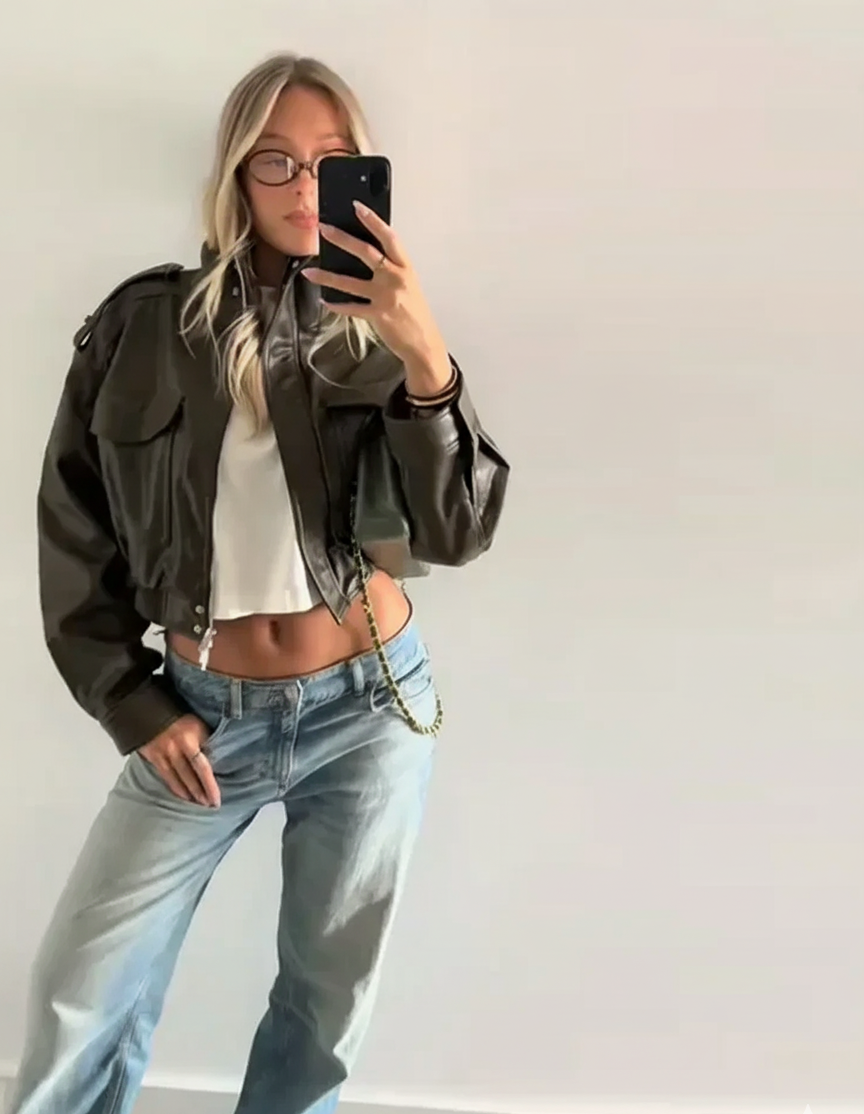 Vintage Luxe Lederjacke – Kurzer Mantel mit Revers und Reißverschluss